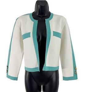 Ronny Kobo Open Front Colorblock Trim Pineapple Knit Blazer Jacket White Teal‎